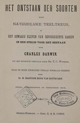 3359
<br/>
Het ontstaan der soorten door natuurlijke teeltkeus of het bewaard blijven van bevoorrechte rassen in den strijd voor het bestaan.
<br/>
<em></em>